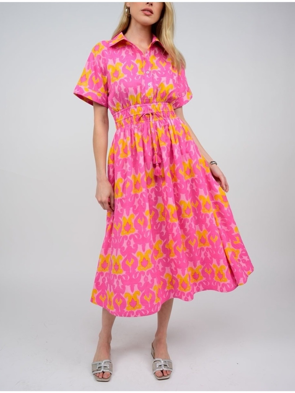 Uncle Frank Ikatching Shirt Dress Pink & Orange Ikat Printed Collared Pockets M